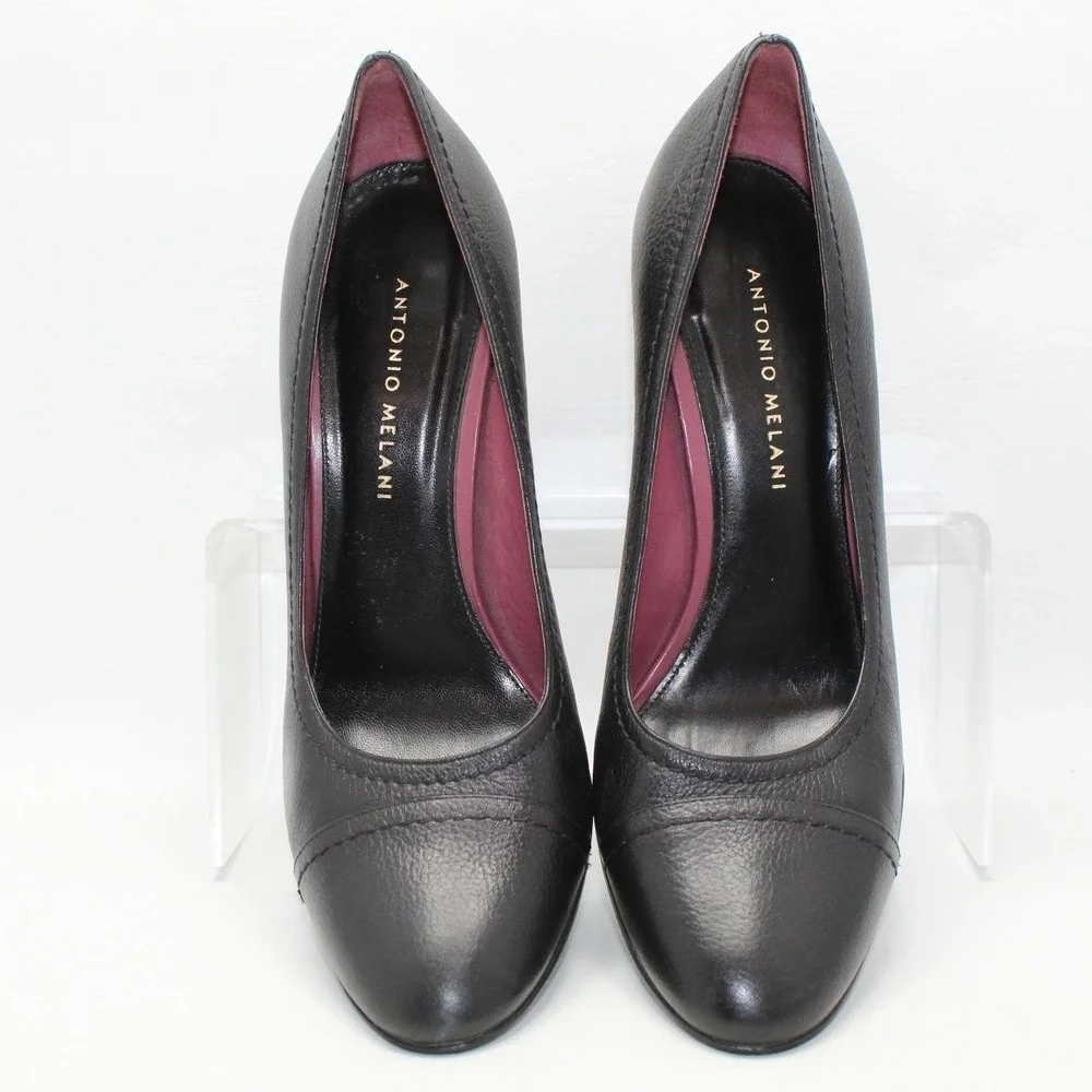 Antonio Melani Womens Black Leather Almond Cap Toe Pumps Heels‎ Size 8.5 M
